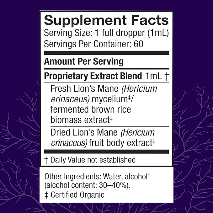 Host Defense Mushrooms Lion's Mane Extract - Lion's Mane Liquid Supplement for Brain Health - Mushroom Support for Focus &amp Memory Function - Immune &amp Nervous System Support - 2 fl oz (60 Servi