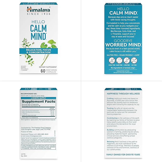 Himalaya Hello Calm Mind Herbal Supplement with Bacopa L-Theanine Gotu Kola Supports Concentration &amp Focus Cognitive Function Clear Thinking Relaxation Vegan Gluten Free 60 Capsules
