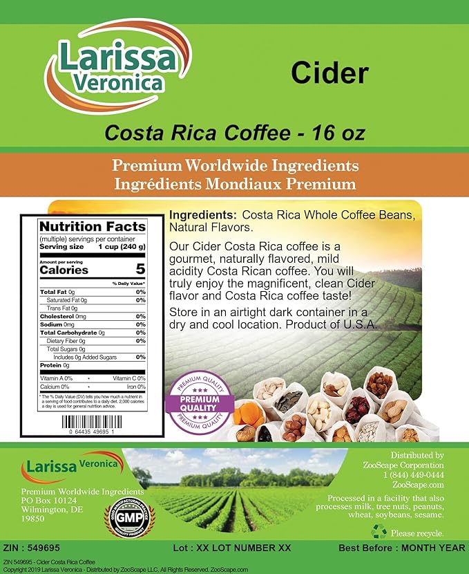 Cider Costa Rica Coffee (Gourmet Naturally Flavored Whole Coffee Beans) (16 oz ZIN: 549695) - 3 Pack