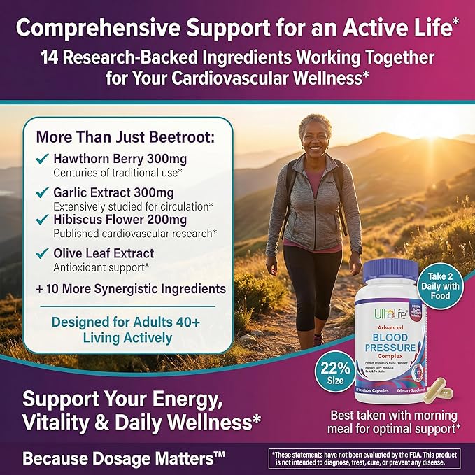 ULTALIFE Blood Pressure Supplements - Advanced Blood Pressure Supplement Complex - Hawthorn Berry Hibiscus Garlic Forskolin - 14 Vitamins &amp Herbs 30 Day Supply in Veggie Capsules