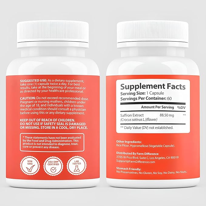 Saffron Supplements 88.5mg - 100% Pure Saffron Extract Capsules - Mood Eye &amp Energy Support - Made in USA