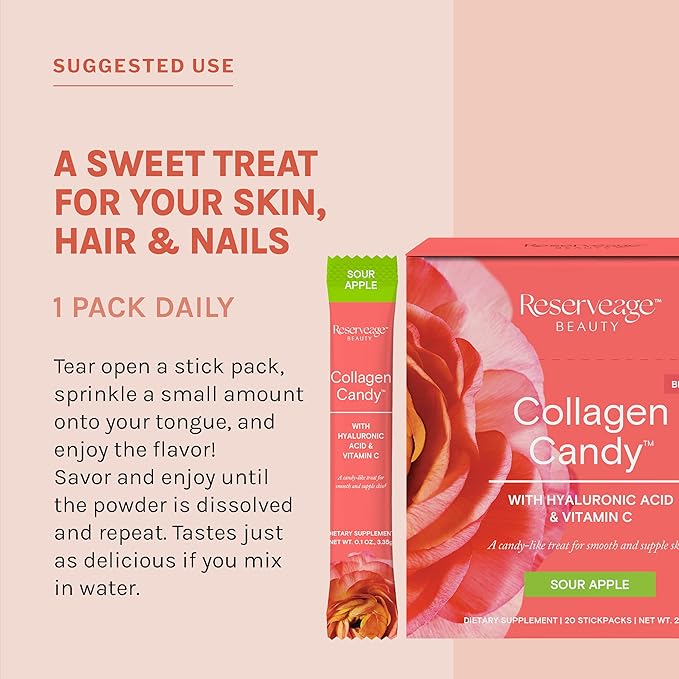 Reserveage Nutrition Collagen Candy Collagen Supplement for Skin Care Hair Growth Collagen Booster for Nail Care Supports Elastin Production Paleo and Keto Sour Apple 2.3 Ounces (20 Servings)