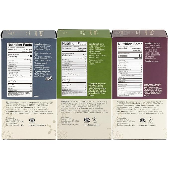 Teeccino Chocolate Lover’s Tea Variety Pack - Dark Chocolate Mexican Chocolate Chocolate Peppermint - Roasted Herbal Tea That’s Caffeine Free &amp Prebiotic for Natural Energy 25 Tea Bags (Pack of