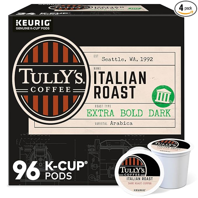 Tully's Coffee Italian Roast Keurig Single-Serve K-Cup Pods Dark Roast Coffee 96 Count