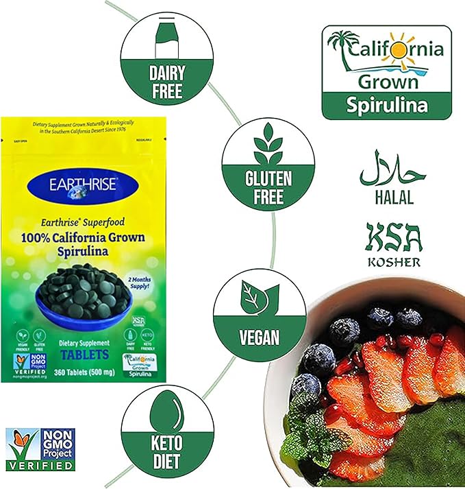 Earthrise Superfood 100% California Grown Spirulina 500mg Tablets (360 Count) Natural Premium Spirulina Vegan Gluten Free Keto Friendly Non -GMO High in Vitamins &amp Minerals