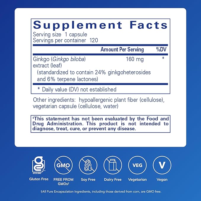 Pure Encapsulations Ginkgo 50 160 mg | Ginkgo Biloba Supplement to Support Oxygen Blood Circulation and Mild Memory Problems Associated with Aging* | 120 Capsules