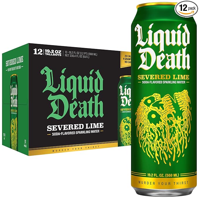 Liquid Death Soda-Flavored Sparkling Water - Severed Lime (Classic Lime Soda) Less Sugar* Huge Flavor No Artificial Sweeteners King Size 19.2 Fl Oz (Pack of 12)