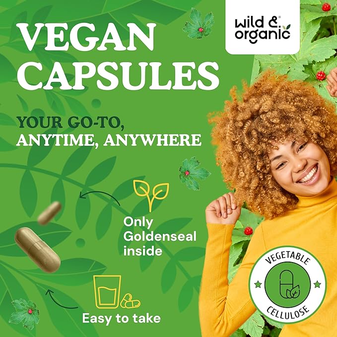 Wild &amp Organic Goldenseal Root Capsules 1000mg - Immune &amp Lung Support - 120 Goldenseal Powder Capsules - 2 Month Supply - Vegan No Fillers Non-GMO