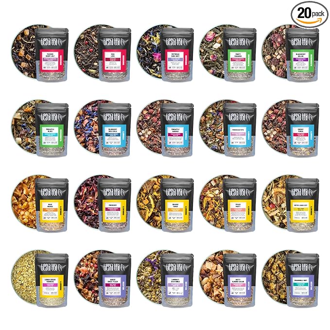 Tiesta Tea - Discovery Sampler Dry Flight Set Loose Leaf High to No Caffeine Hot &amp Iced Up to 200 Cups Tea Variety Pack with Green Herbal Black &amp Chai Brew 20 Resealable Sample Pouches