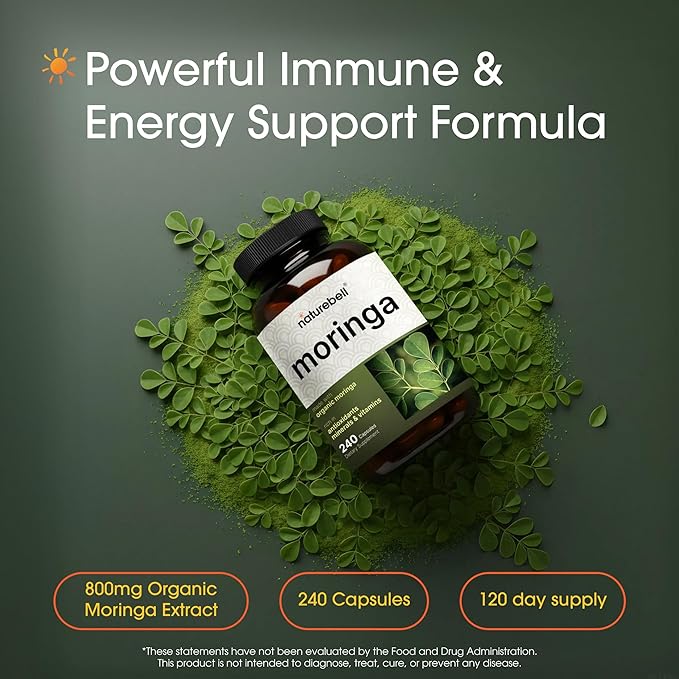 NatureBell Moringa - 240 Capsules - Organic Moringa for Immune Energy &amp Skin Health Support* - Green Superfood Properties
