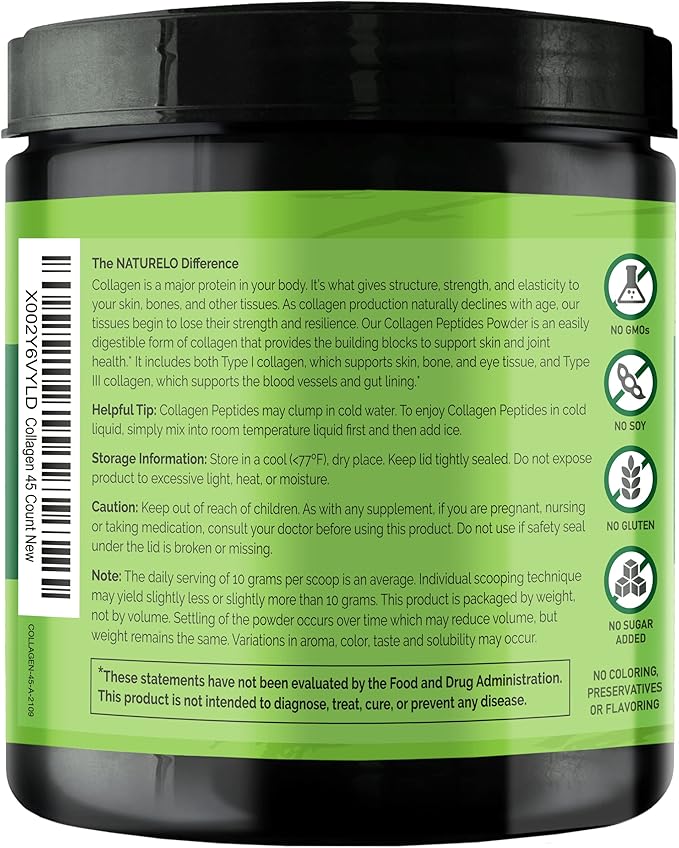 NATURELO Collagen Peptide Powder Hydrolyzed Collagen Type I &amp III Skin Hair &amp Joint Health - Unflavored 16 Ounces | 45 Servings