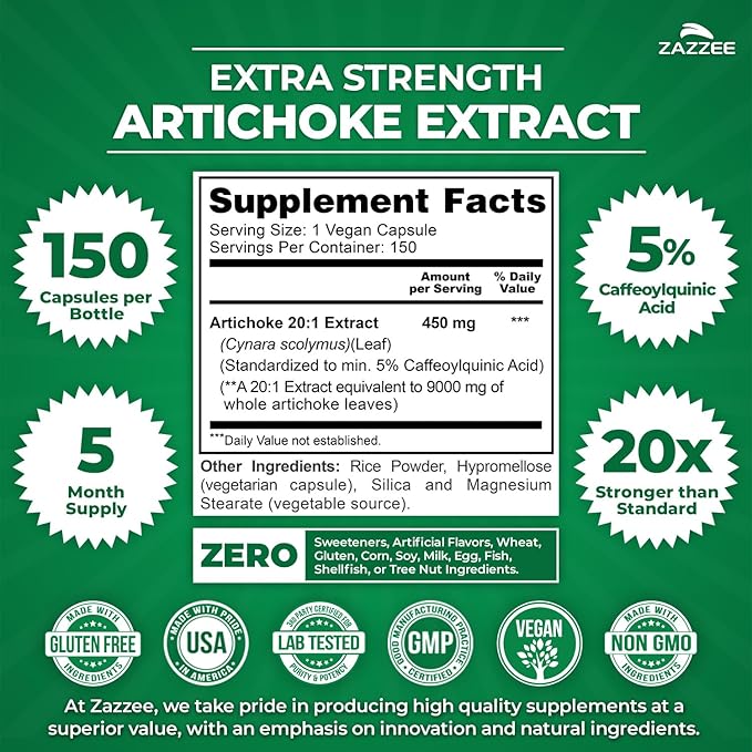 Zazzee Extra Strength Artichoke 20:1 Extract 5% Caffeoylquinic Acid 150 Vegan Capsules 5 Month Supply Cynara Scolymus Digestive &amp Liver Detox Support Herbal Supplement Non-GMO Made in the