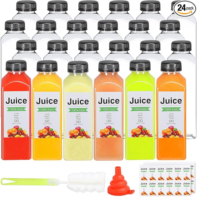 24pcs 16oz Plastic bottles with lids juice bottles with caps Reusable containers and Clear beverage for milk Smoothies juice