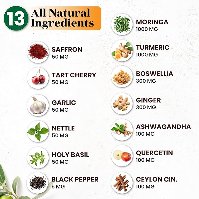 Turmeric Moringa Supplement | Ginger Boswellia Saffron Holy Basil- Joint Support Supplement for Women and Men with Ceylon Cinnamon Quercetin Tart Cherry- 240 Count