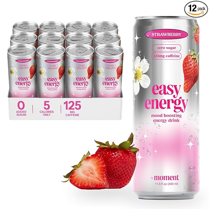 Easy Energy Drink (Strawberry) – Zero Sugar Sparkling Energy Drink with Natural Caffeine Magnesium &amp Lion’s Mane – Clean Energy for Workouts &amp Busy Days – 12 Pack