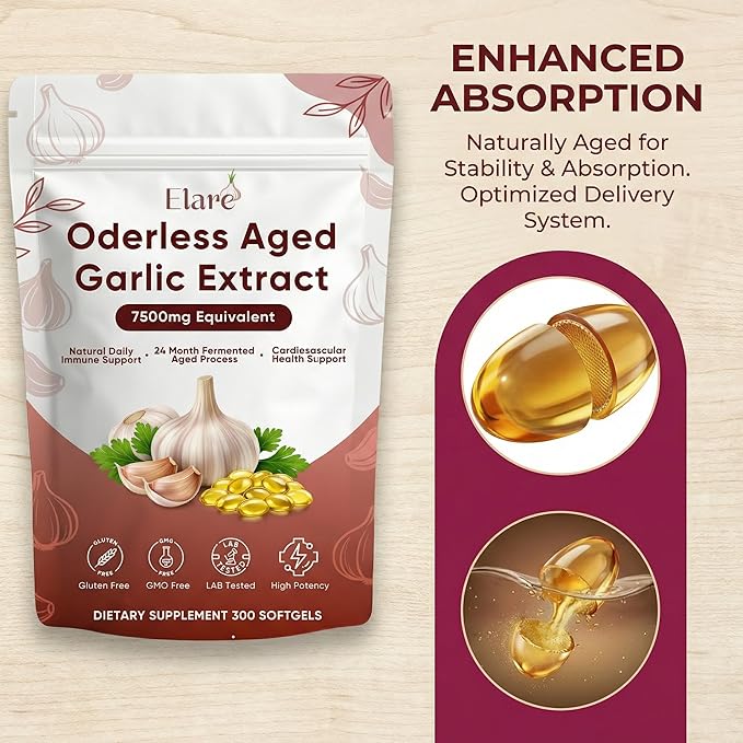 ELARE Aged Garlic Extract - 7500mg Odorless Softgels 300 Organic Garlic Softgels 2-Year Matured Antioxidant Formula Vegetarian Non-GMO All-Natural (1)