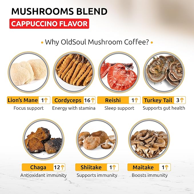 OldSoul Superfood Mushrooms Cappuccino Blend | Arabica Coffee | Approx. 70 Doses | Energy Focus Immunity | 14 oz (400 g)