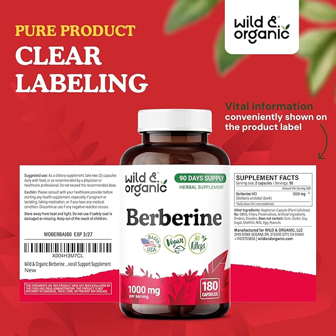 Wild &amp Organic Berberine Supplement Capsules 1000 mg - Antioxidant &amp Overall Support - Pure Berberine HCL Powder - 90 Days of Supply - Berberis Aristata Bark - Vegan No Fillers Non-GMO - 180