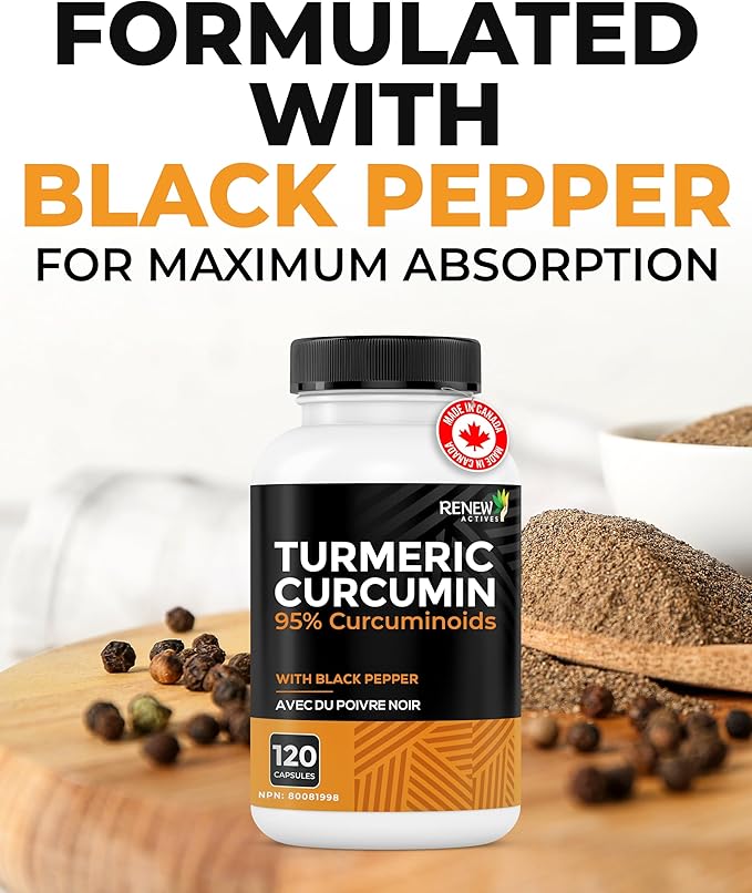 Renew Actives Turmeric Curcumin with Black Pepper – 600MG Turmeric Root 100MG Curcuminoids per 2 Capsules – Supports Digestion Liver Health Joint Relief &amp Mobility – Made in Canada – 120 Capsul