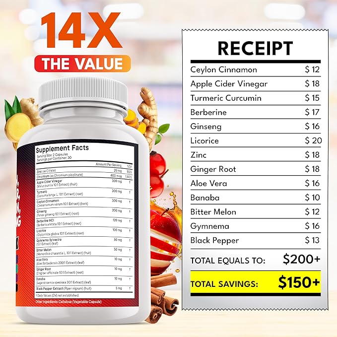 Ceylon Cinnamon Turmeric Apple Cider Vinegar Ginseng Aloe Vera Berberine Plus Banaba Ginger Root - 120 Count