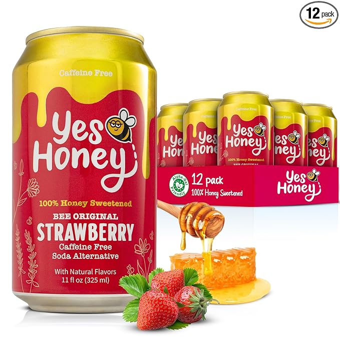 Yes Honey Soda Strawberry 11oz (12-Cans) 100% Honey-Sweetened Healthy Soda Alpha Gal Friendly Gluten Free Caffeine Free No Added Sugar