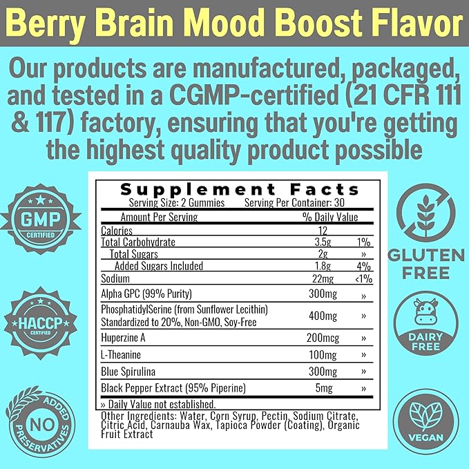 Alpha GPC Huperzine A PhosphatidylSerine L-Theanine Blue Spirulina Bioperine Gummies Alpha-GPC Huperzine-A Phosphatidyl Serine L Theanine Supplement Powder Capsules Tablets Liquid Supplements Alt