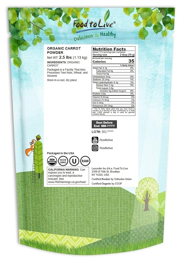 Food to Live Organic Carrot Powder 2.5 Pounds - Non-GMO Ground Raw Dried Roots Vegan Bulk For Baking Juices Smoothies Shakes Drinks. Good Source of Dietary Fiber Potassium Vitamin A