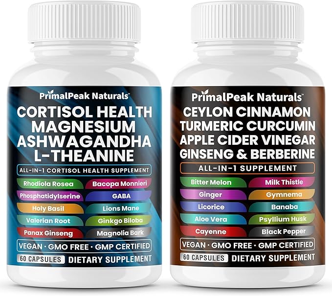 Cortisol Supplements for Women and Men with Magnesium Ashwagandha Rhodiola Rosea L-Theanine &amp Ceylon Cinnamon Apple Cider Vinegar Turmeric Curcumin Panax Ginseng Berberine Vegan Capsules