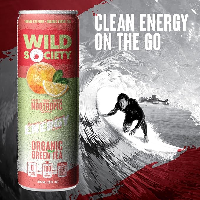 Wild Society Natural Energy Drink + Nootropics (12 pack) - 100 mg Organic Caffeine from Green Tea - Zero Sugar &amp Zero Calories - Monk Fruit Sweetened - Clean Ingredients - Fuel Mind &amp Body - C