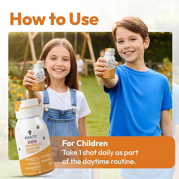 Bee and You Kids Propolis Immune Day Time Shot - Probiotic Vitamin C Vitamin D3 Zinc Immune Support Gut Health Digestive Health 1.69 Fl. oz 12 Pack