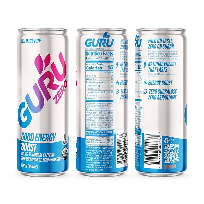 GURU ZERO SUGAR Wild Ice Pop Organic Energy Drinks Clean Energy Drink with Plant Based Natural Caffeine from Green Tea Coconut Water Prebiotic Zero Added sugars Gluten Free and Vegan Pre Workout