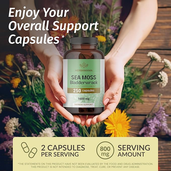 HERBAMAMA Irish Sea Moss Capsules - 1600mg Sea Moss and Bladderwrack for Immune Support - Vegan Non-GMO Immunity Supplement for Overall Support