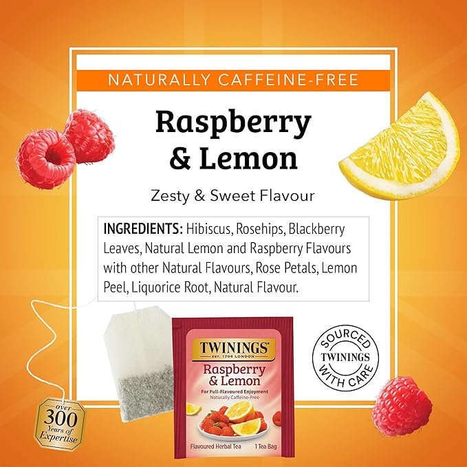 Twinings Raspberry &amp Lemon Herbal Tea Individually Wrapped Bags 20 Count (Pack of 6) Fruity &amp Zesty Naturally Caffeine-Free Enjoy Hot or Iced 120 Teabags