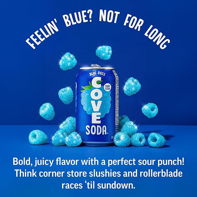 Cove Prebiotic Soda Soft Drinks with Zero Sugar - Refreshing Healthy Soda Alternative with 4g of Fiber for Digestive Support - Natural Caffeine Free Sparkling Beverage - Blue Razz 12 Pack