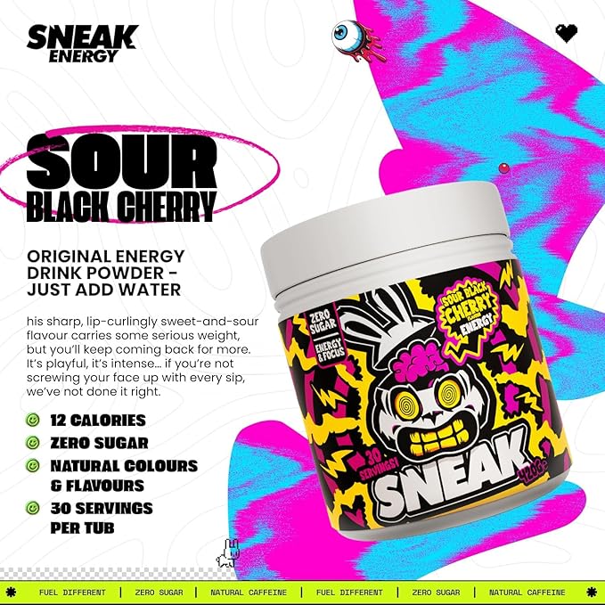 SNEAK Energy Drink Powder | Super Sour Cherry | No Sugar. No Nasties. Just Natural Caffeine Focus-Boosting Nootropics | 30 Servings