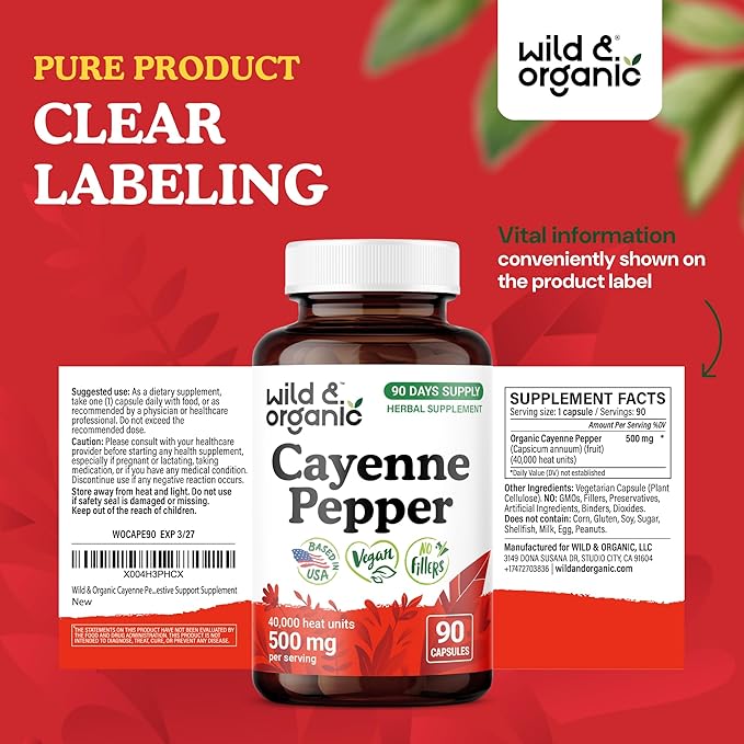 Wild &amp Organic Cayenne Pepper Capsules 500 mg - Digestive Support - Pure Cayenne Pepper Extract - Capsaicin Powder Supplement - Vegan No Fillers Non-GMO - 90 Count