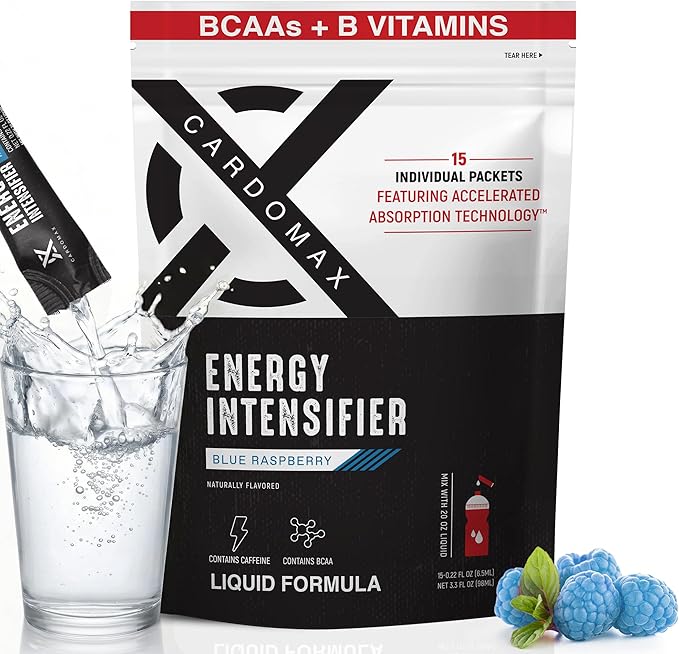 CardoMax - Energy Drink Packets - Liquid Preworkout for Men &amp Women Caffeine Packets with BCAA Vitamin B12 Vitamin B6 &amp B3 - Sugar-Free Zero Calorie Vegan &amp Keto - 15 Stick Packs - Blu