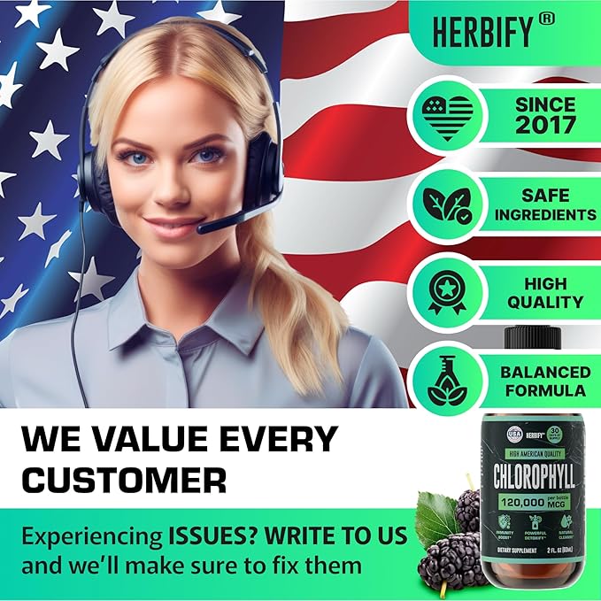 HERBIFY Chlorophyll Drops - Liquid Chlorophyll for Energy Boost &amp Immune System Support - Made in USA - Chlorophyll Liquid Drops for Body Detox Internal Deodorant &amp Enhance Skin - 2 Oz