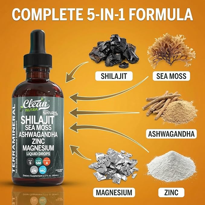 Shilajit Liquid Drops with Sea Moss Ashwagandha Zinc Magnesium Liquid Vitamins for Women and Men - Terra Mineral by Clean Nutra - 2Pack