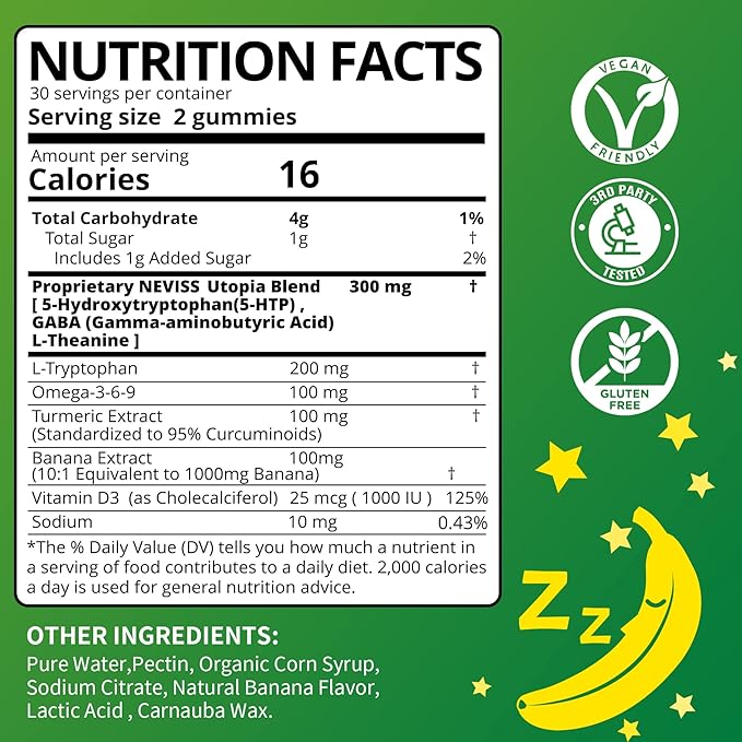 Melatonin Free Sleep Aid Gummies + 5-HTP Gummies for Adults  with GABA L-Theanine L-Tryptophan Magnesium Ashwagandha Turmeric - Non-Habit Forming Banana Extract Help for Deep Relaxation Calm
