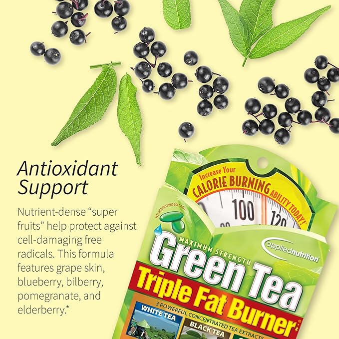 Applied Nutrition Green Tea Fat Burner - 30 Liquid Soft-Gels Pack of 3 - Increases Calorie Burning &amp Supplies Powerful Antioxidants - 45 Total Servings