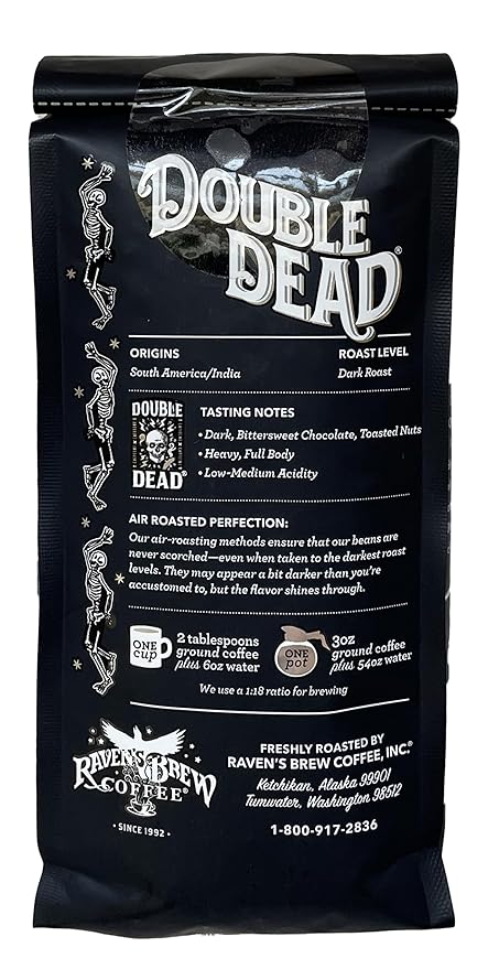 Raven's Brew Coffee High Caffeine Coffee Dark Roast Ground - Double Dead 2-pack of 12oz