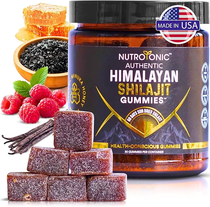 NutroTonic® Organic Himalayan Shilajit Gummies – Organic Raspberry Vanilla Flavored – Shilajit for Men &amp Women – Wild Crafted Manuka Honey MGO +263 – Made in USA – 30 Healthy Gummies
