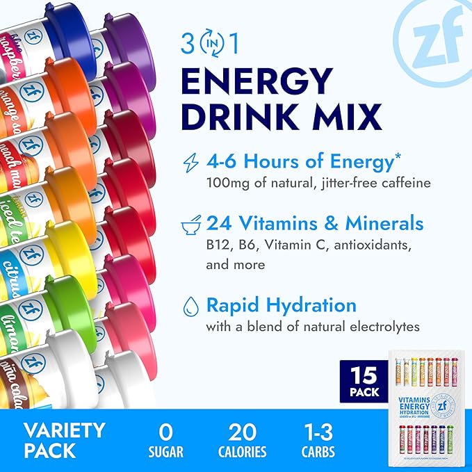Zipfizz Daily Energy Drink Powder Variety Pack 15 Pack | 3-in-1 Sustained Energy Rapid Hydration and Essential Vitamins | Sugar-Free | Electrolyte Powder | Contains Vitamin B-12 &amp Antioxidants