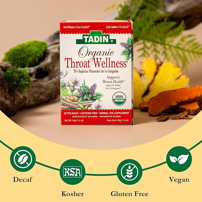 Tadin Organic Throat Wellness Tea Caffeine Free Herbal Tea for Throat Relief 20 Tea Bags Per Box Pack of 6