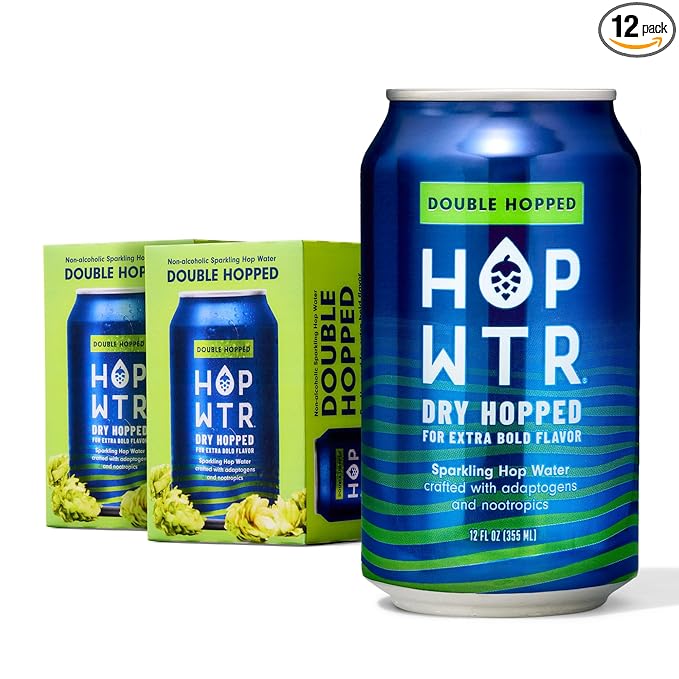 HOP WTR Double Hopped Sparkling Hop Water Zero Calories Non-Alcoholic with Adaptogens and Nootropics Sugar Free Gluten Free 12 oz Cans 12 Pack