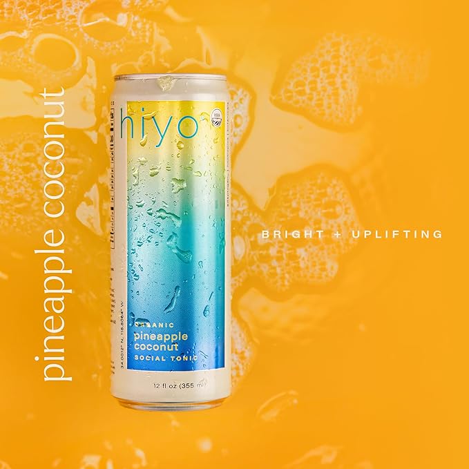 Hiyo Organic Social Tonic - Pineapple Coconut 12 Pack - N.A. Functional Seltzer Sparkling Water Crafted with Organic Adaptogens Nootropics &amp Botanicals