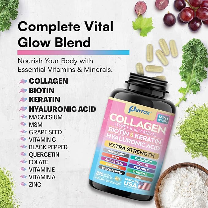 Collagen Peptides Types I II III V &amp X MCG Biotin Keratin Hyaluronic Acid MSM Zinc Grape Seed Extract Quercetin Vitamin A Vitamin C Vitamin E Magnesium Folic Acid (270 Capsules)