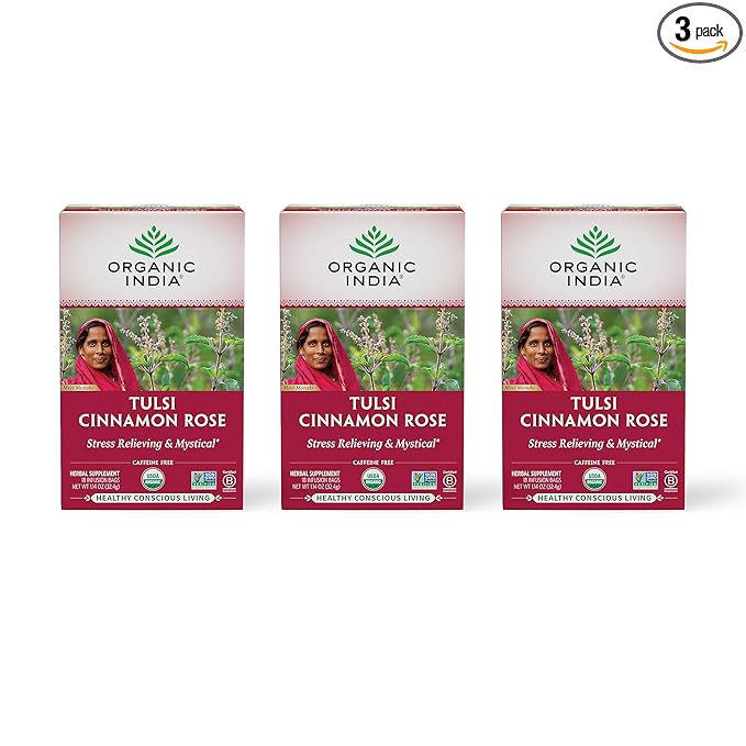 ORGANIC INDIA Tulsi Cinnamon Rose Tea - Tulsi Rose Tea Bags Cinnamon Tea Bags w/Holy Basil Chamomile Caffeine Free - 18 Infusion Bags 3 Pack