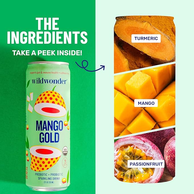 wildwonder Sparkling Probiotic Drink 12pk For Gut Health &amp Immune Support Mango Gold 5g Prebiotic Fiber Live Probiotics Organic Vegan Low Sugar 12 Pack 12oz Can As Seen on Shark Tank